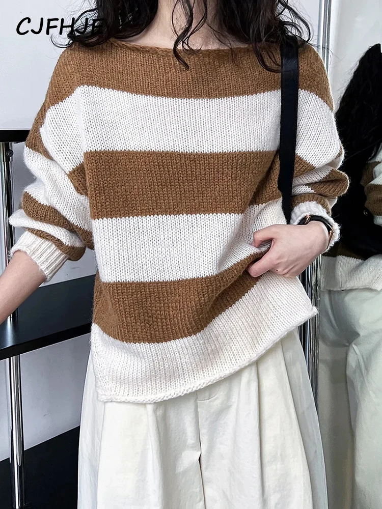 

CJFHJE Autumn New Fashion Striped One-shoulder Sweater Women Casual Loose Office Lady Sweaters Chic Long Sleeve Female Pullovers