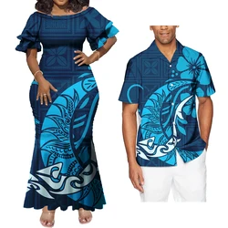 2024 New Arrival Polynesian Elei Tribal Design Custom 2pcs Set Couple Outfits Women Mermaid Dress Match Mens Aloha Shirts