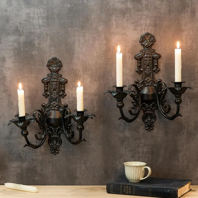 

American Retro Black Wall Mounted Candle Holder Background Wall Decoration Candle Cup Courtyard Wall Pendant Candle Holder