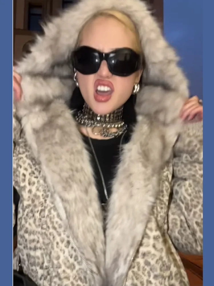 

Retro Trendy Leopard Printed Short Jacket Faux Fur Collar Warm Full Sleeve Zip Up Coat Y2k Style Winter Cool Girl Must Outfit