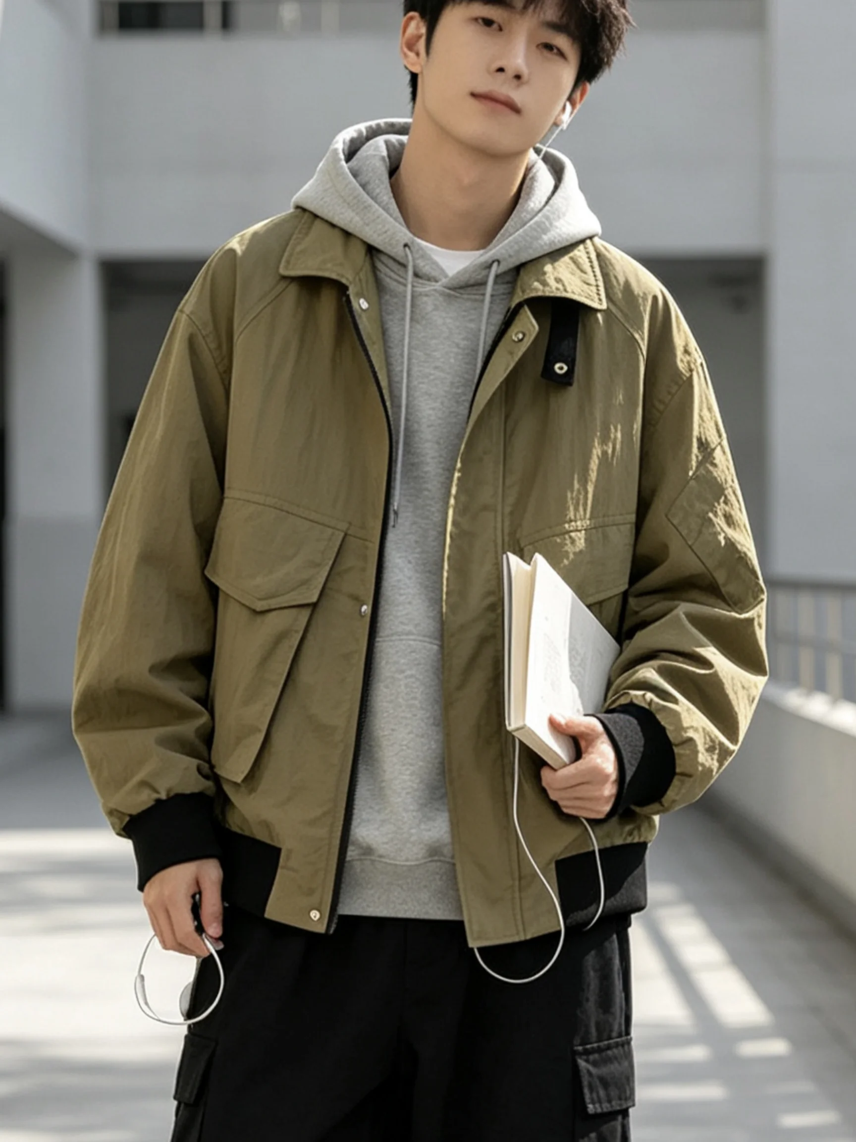 Men Khaki Cargo Jacket Multi-Pocket Design Stand Collar Zip Up Loose Fit Casual Workwear Outerwear For Daily Street