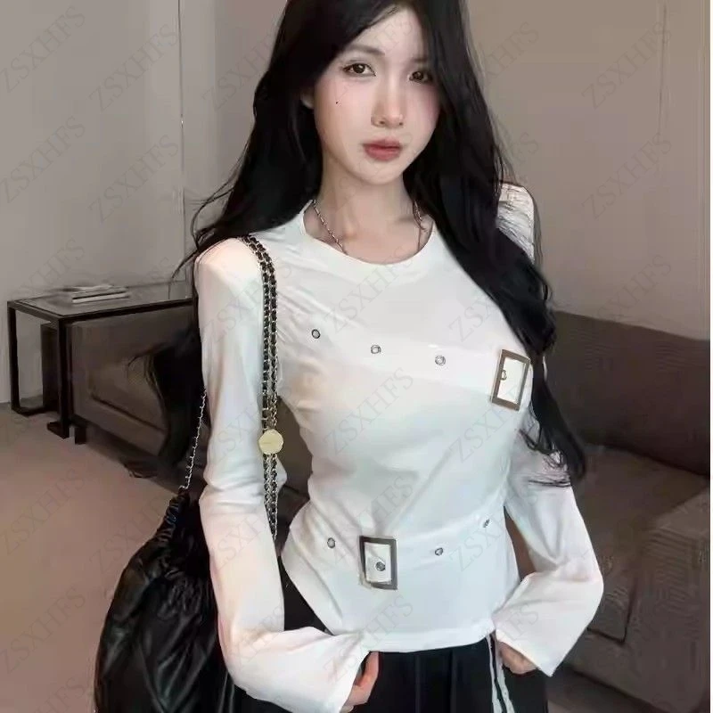 

Тонкие модные футболки с длинными рукавами в стиле панк, осенняя женская одежда, пуловер Kpop Harajuku Y2k, повседневная уличная одежда, эстетичный топ с металлической пряжкой