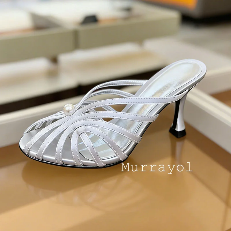 Slippers Closed Toe Pearl Decor Thin High Heels Women Narrow Band Lazy Sandals Summer Party Dress Shoes Wedding Shoes Stiletto