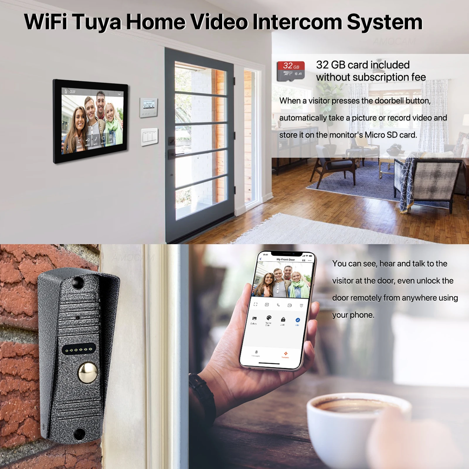 Video Intercom System 1080P Video Doorbell Phone Camera, WiFi Touch Monitor, 32G Card Auto Record TUYA APP 2 Way Intercom Unlock