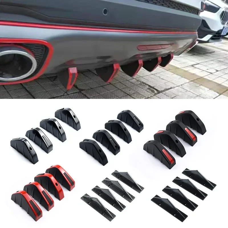 New 4pcs Universal Car Red Black Carbon Fiber Pattern Modified Shark Fin Rear Spoiler Rear Bumper Lip Diffuser Anti-collision