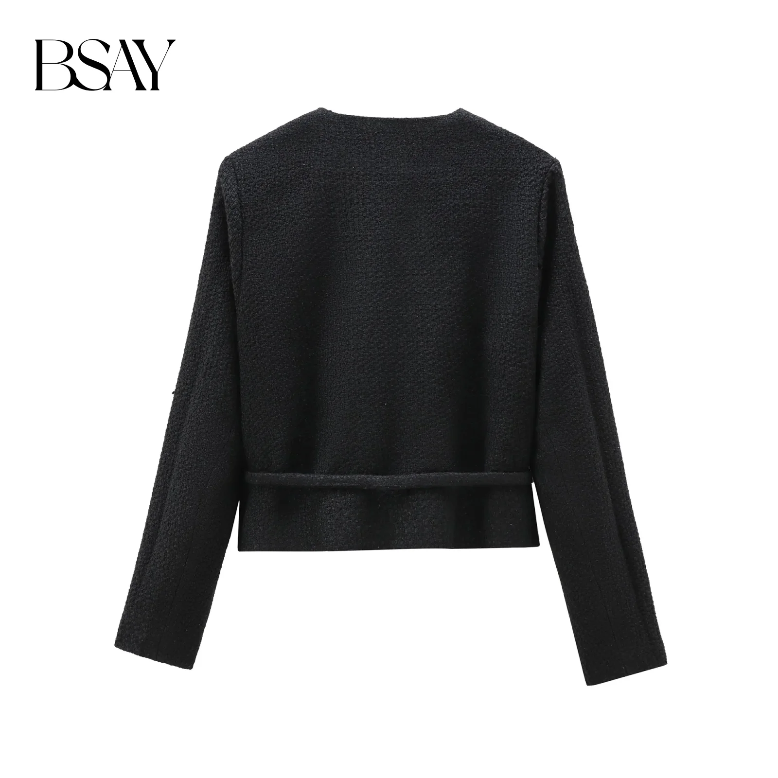 BSAY 여성 패션 가을 신상 벨트 캐주얼 재킷 라운드 넥 긴팔 싱글 브레스티드 숏 코트 시크 여성 상의