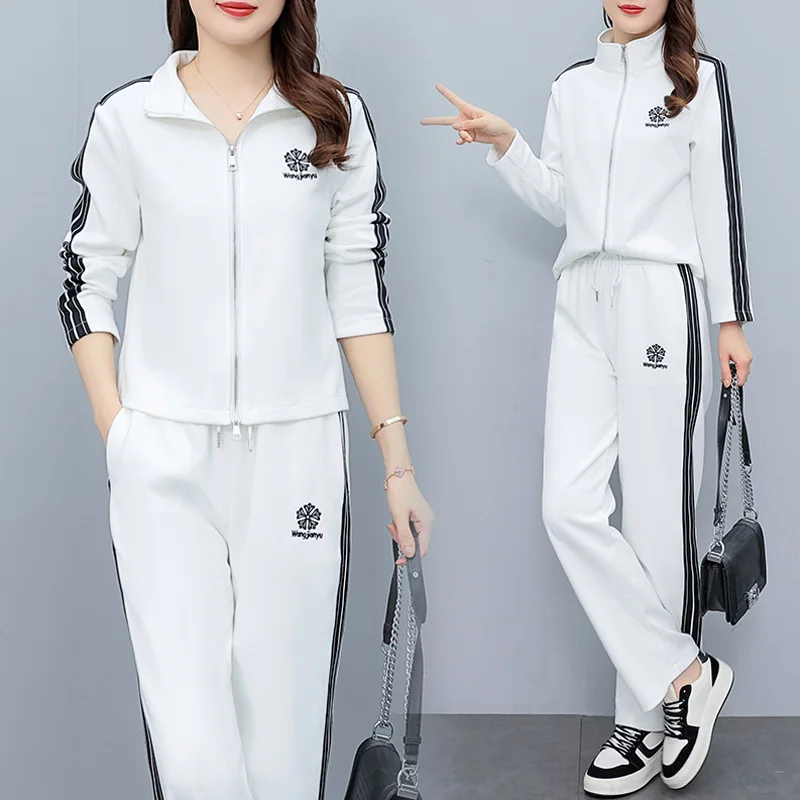 Plus Size 4XL Tracksuit For Women Spring Casual Two Piece Set Jacket Top And Pants Black White Sport Outwear Matching Outfits