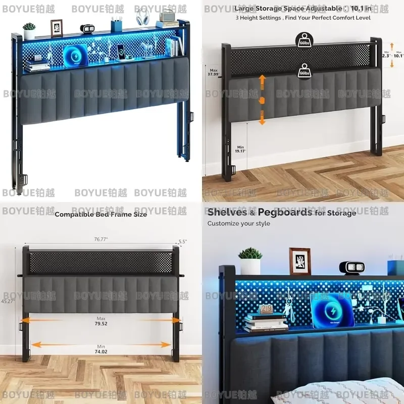 King Size Headboard Only, Adjustable Upholstered Headboard with 2 Tier Shelves and Pegboard with Charging Stations and
