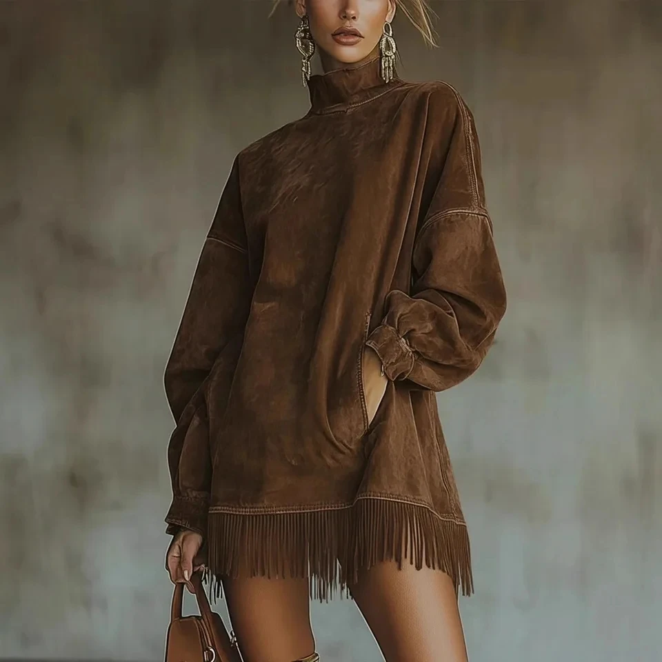 

2026 New Arrivals Turtleneck Loose Tassel Long Sleeve Patchwork Faux Suede Dress Women's Fashion Solid Color Casual Mini Dress