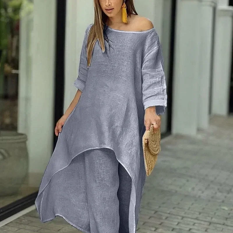 Summer Solid Casual Two-piece Sets Women Fashion Loose Wide Leg Pants and Blouse Tops Elegant Simple Two-piece Suit Shirt 26030