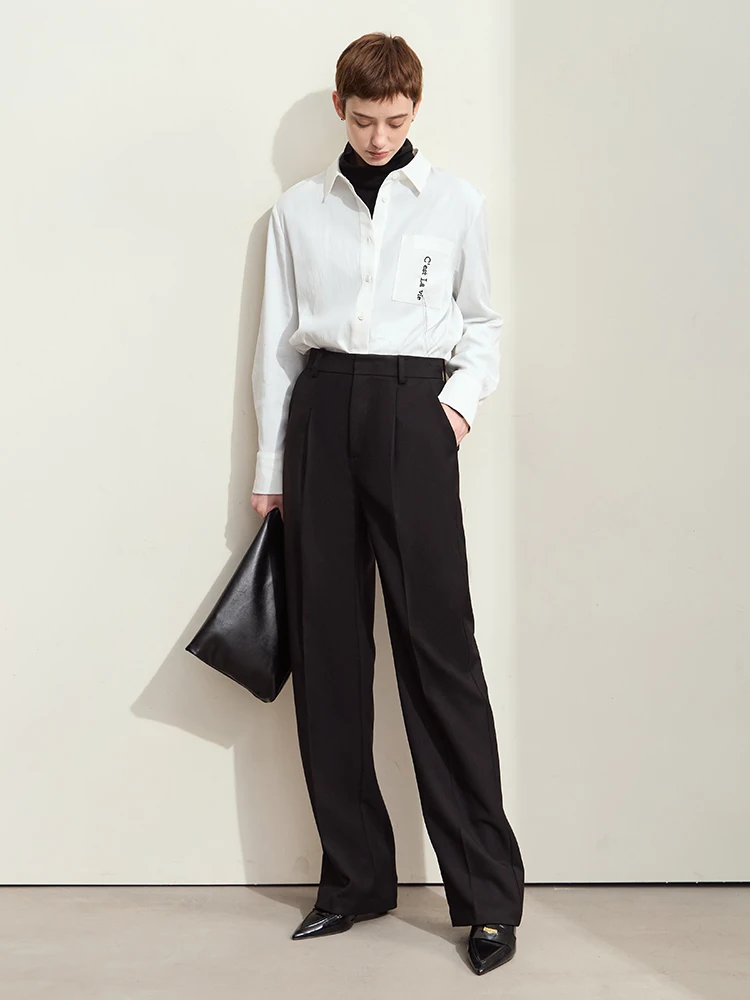 AMII Minimalist Women's Commuter Straight Pants 2024 Winter Classic Black Twill Fabric Loose Casual Suit Pants Female12424031