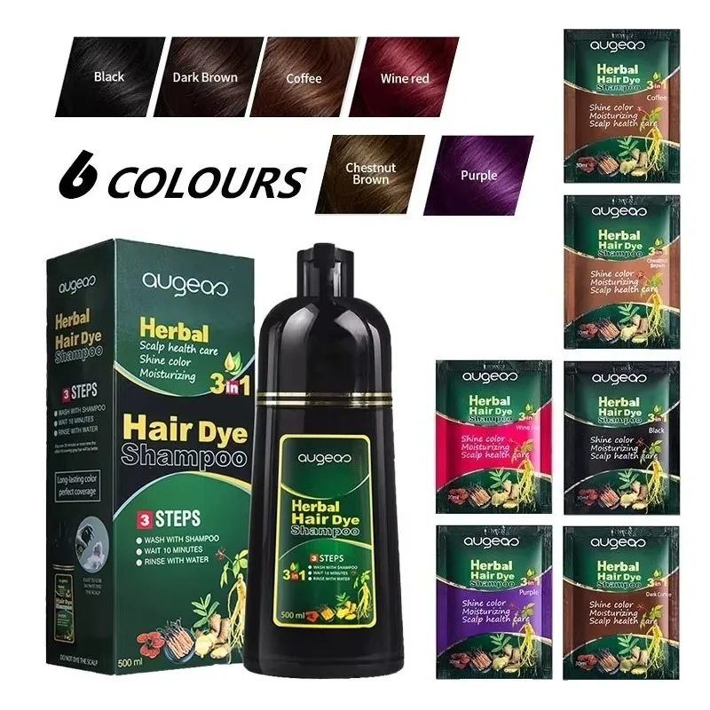 Herbal Natural Plant Hair Dye Shampoo Fast Grey Hair Dyed Black  6 Color Coffee Red Purple Salon & Home Hair Color 30/500ml