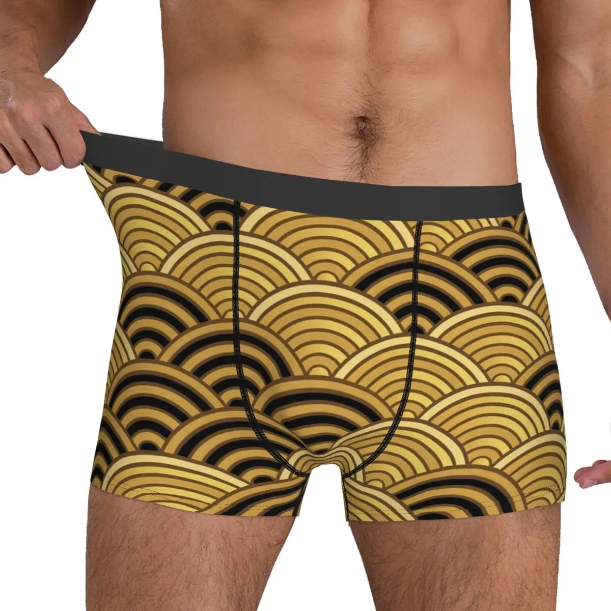 

Japanese Wave Underwear Gold Seigaiha Elastic Underpants Design Boxer Brief Pouch Males Large Size Boxershorts