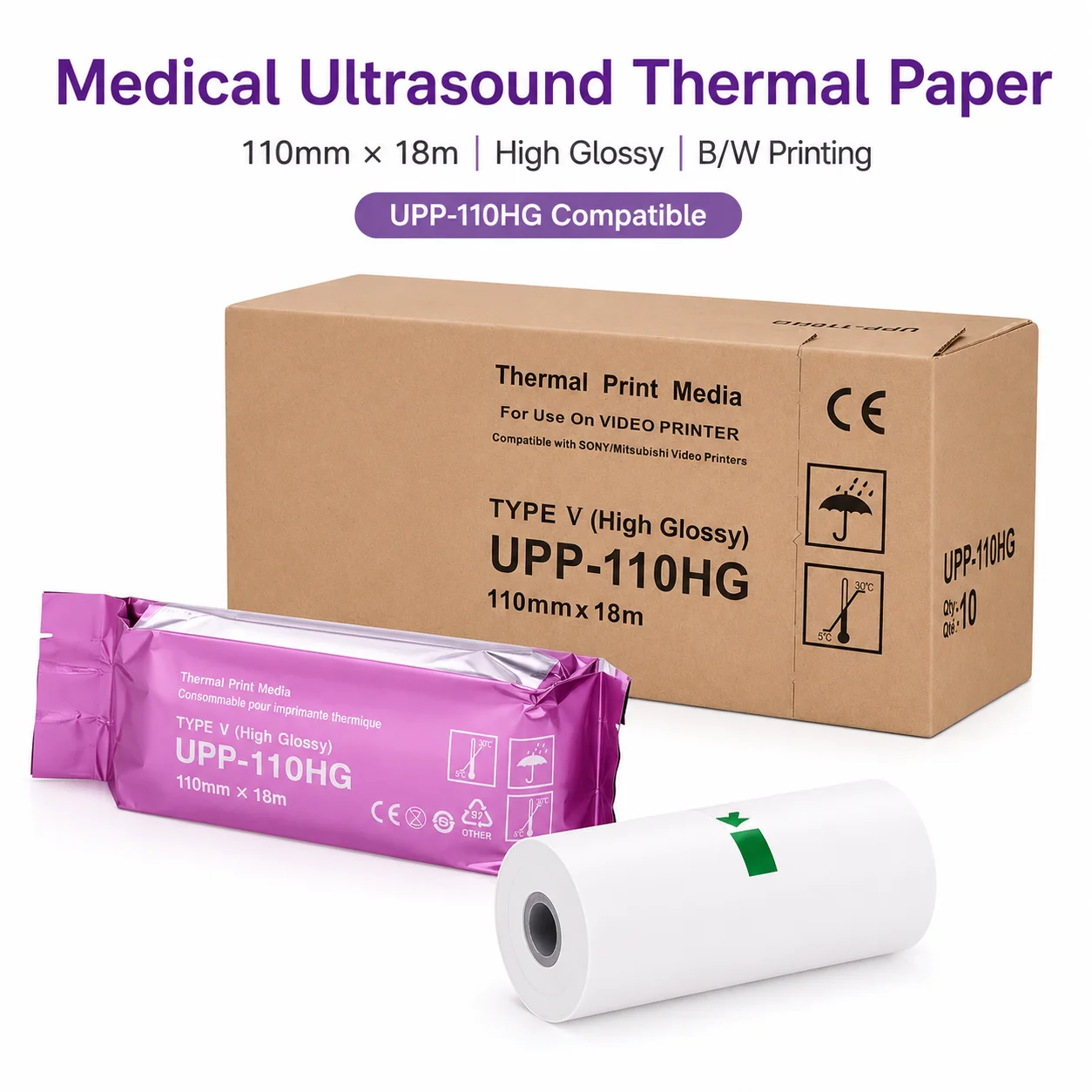 medical-ultrasound-thermal-paper-110mm-x-18m-high-glossy-black-white-video-printer-paper-upp-110hg-compatible
