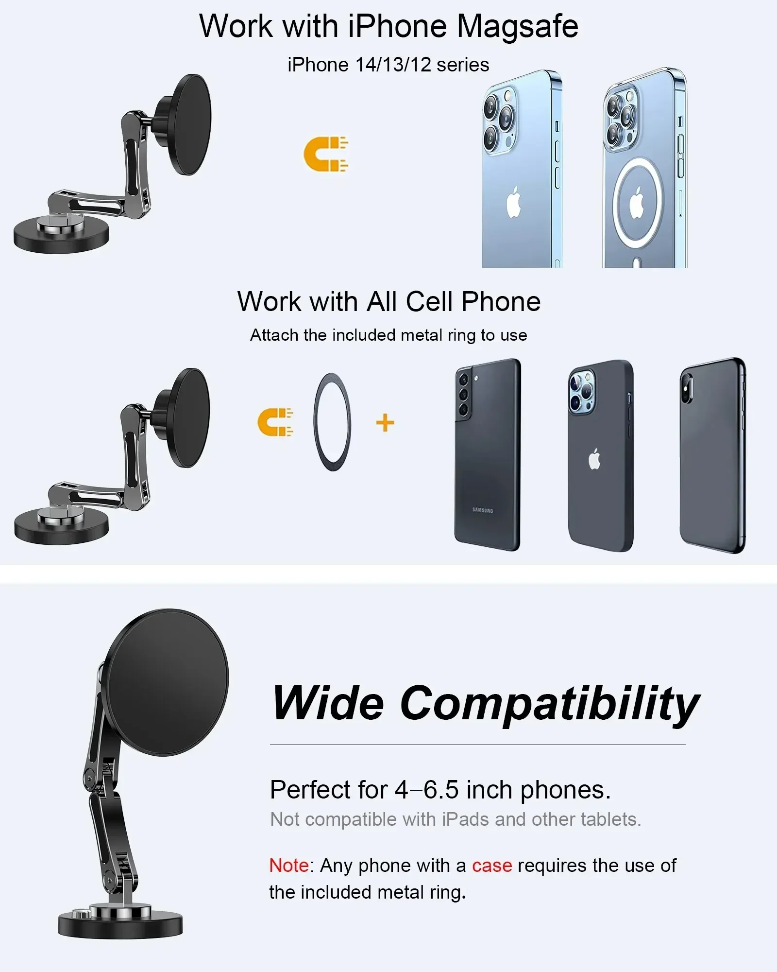 Foldable Universal Car Magnetic Holder Dashborad Alloy Magnetic Car Mount Smartphone Mobile Bracket For iPhone15 Samsung Xiaomi