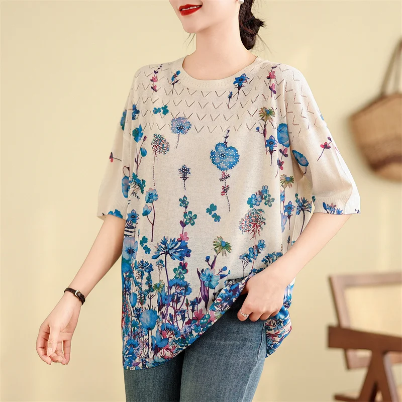 

Summer Knitted T Shirt Women Sweater Pullovers Clothes Quality Tees Top Short Sleeve Casual Floral print Hollow Women's T-shirt