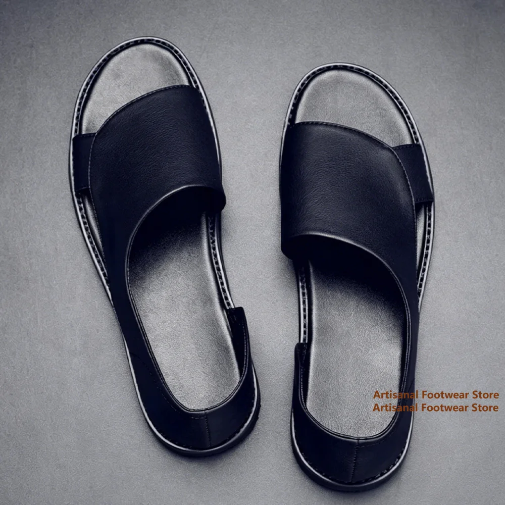 Men's Black Leather Single Wide Strap Slide Sandals Open Toe Slip-On Open Back Comfort Flat Casual Summer Walking Leather Slides