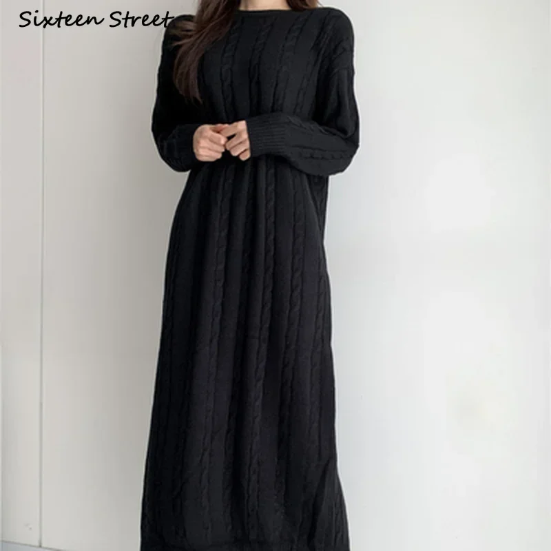 Argyle Knit Maxi Dress Woman Winter O-Neck Knitted Vestido Dress Ladies Elegant Korean Long Sweater Autumn Clothing