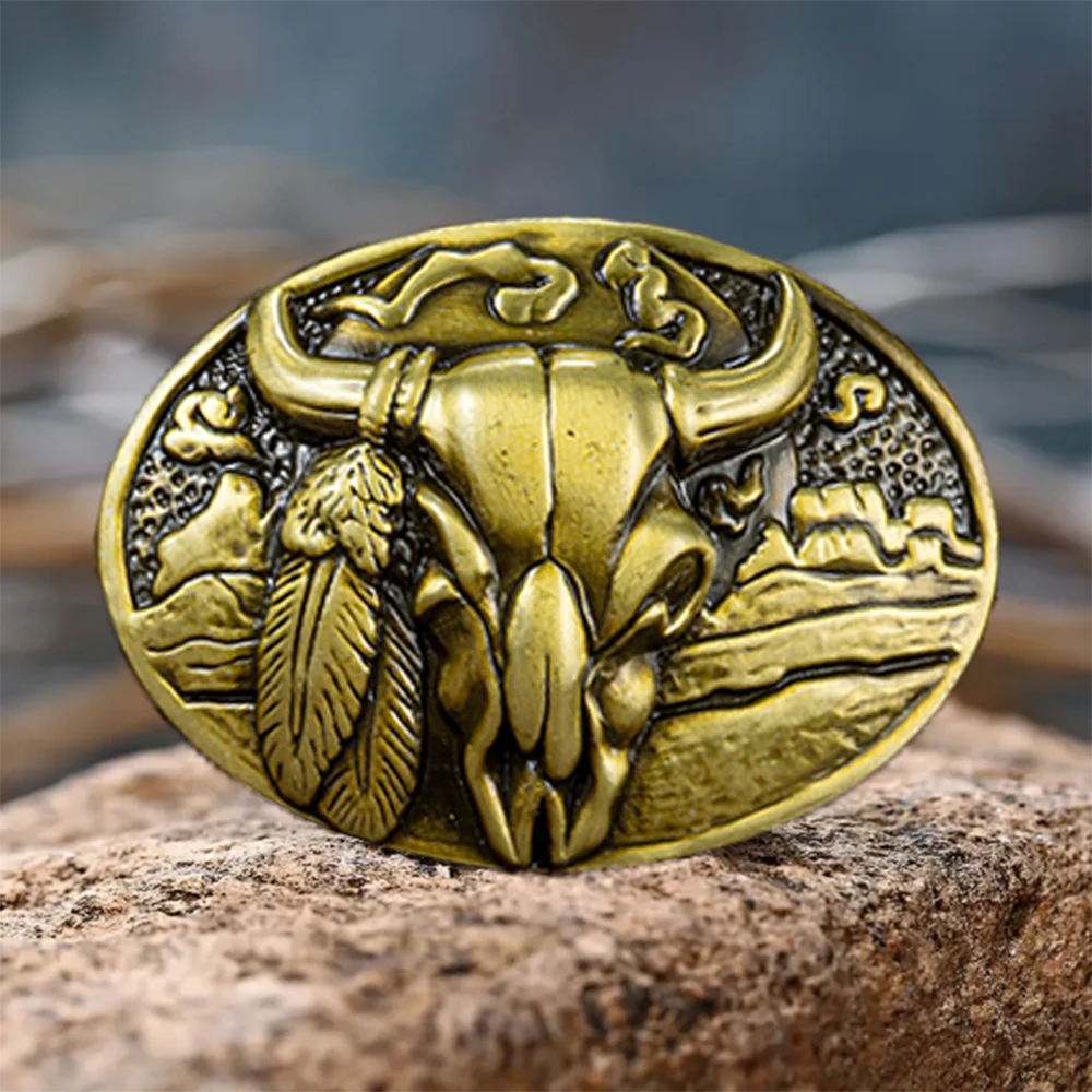 1 fibbia western con testa di bue in piuma tridimensionale, fibbia per cintura da uomo con personalità della moda