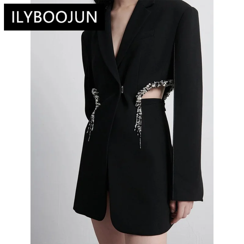 

ILYBOOJUN Solid Hollow Out Designer Slimming Blazers For Women V Neck Long Sleeve Spliced Diamonds Temperament Coat Female