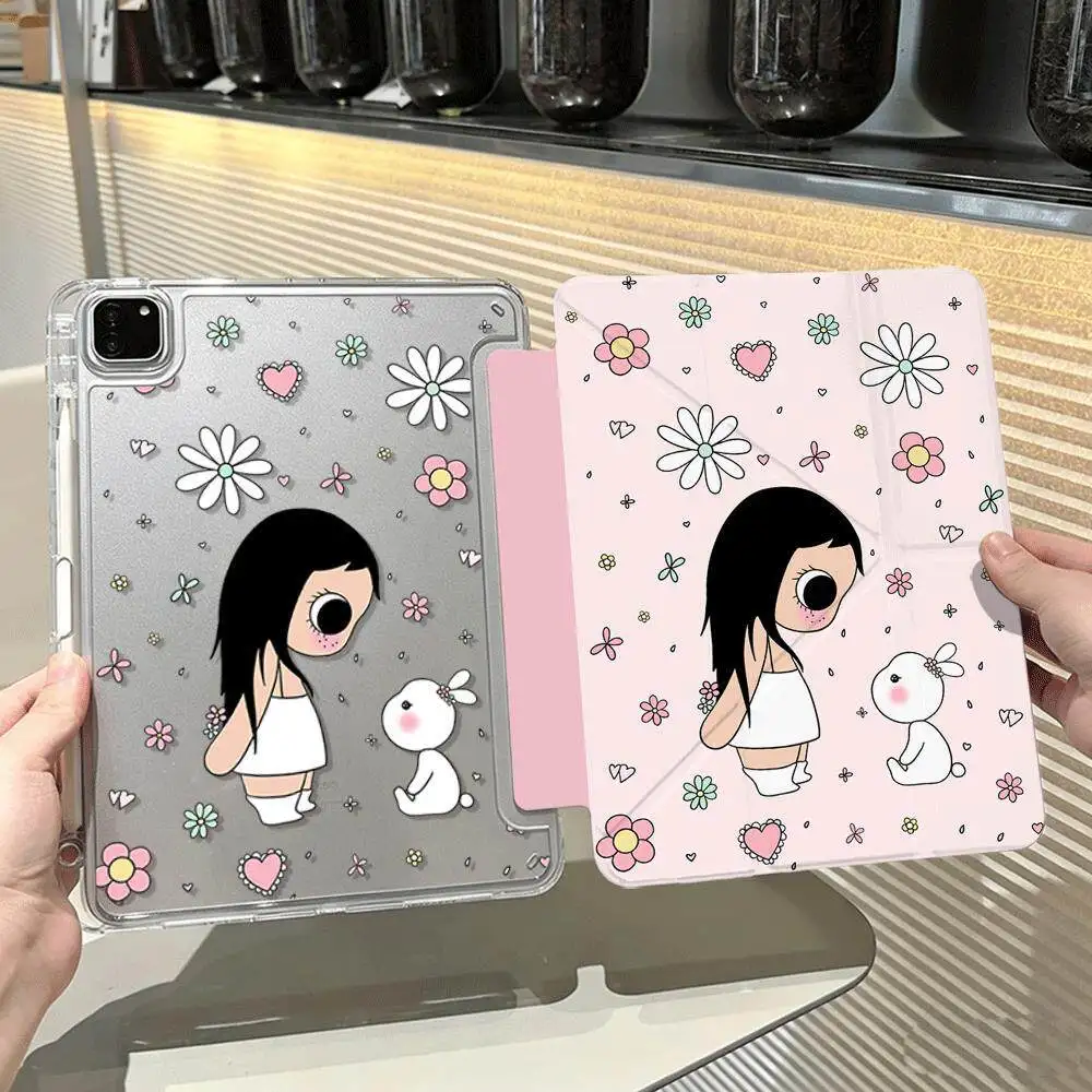 Ins Pink Flower Rabbit Girl Y2K Tablet Case For iPad Pro 13in 11th M5 M4 12.9in A16 7/8/9/10th Air4/5/6/7 11in M2 M3 Mini Cover