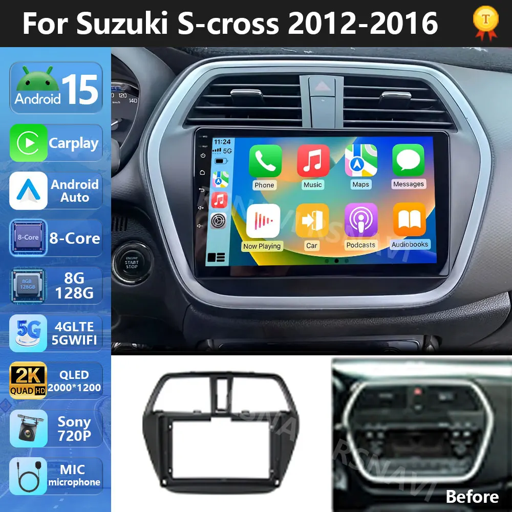 التوصيل والتشغيل أندرويد 15 Carplay راديو السيارة التلقائي لسوزوكي SX4-CROSS 2014 - 2017 الوسائط المتعددة مشغل فيديو GPS ستيريو رئيس وحدة 4G