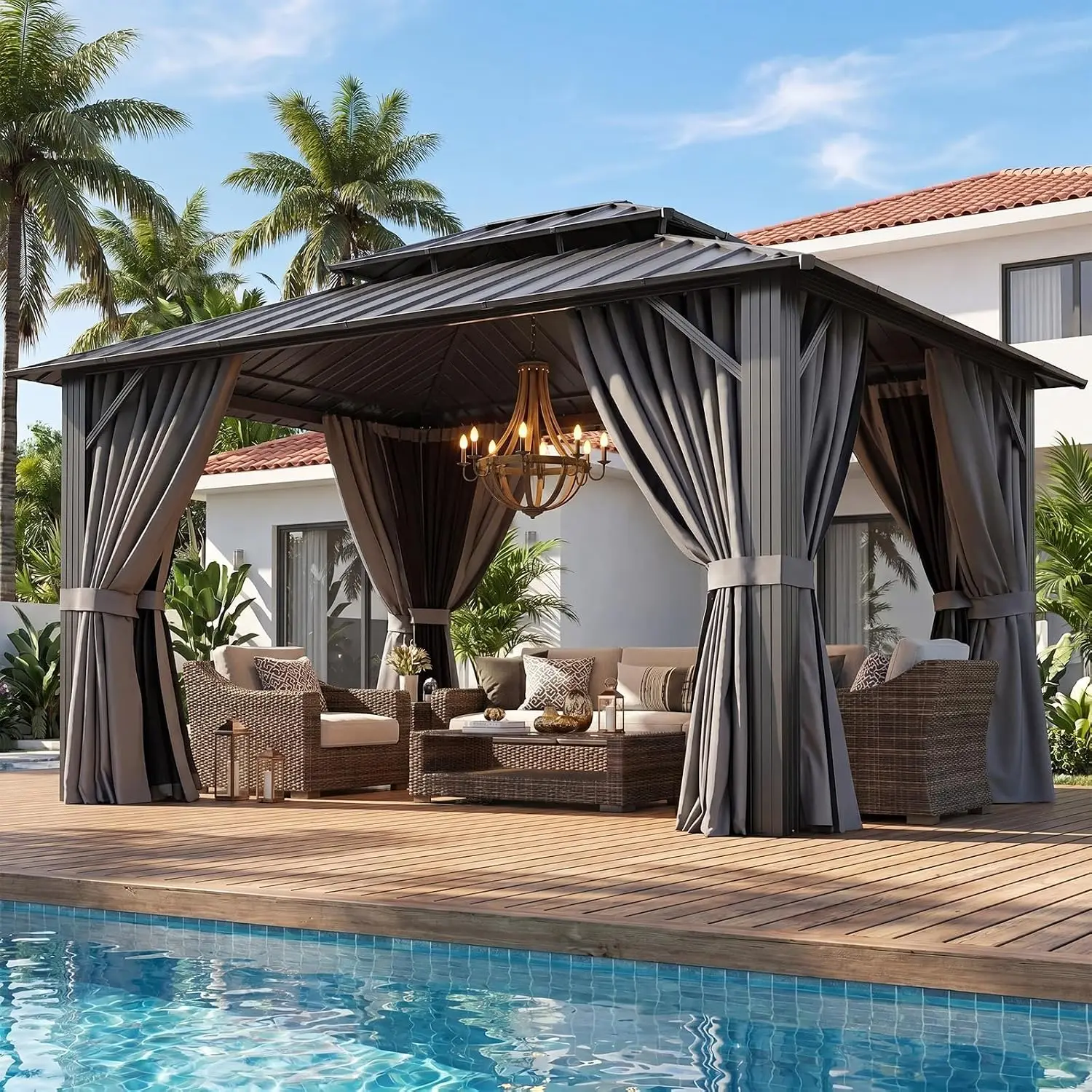 Gazebo 10x12 Hardtop Gazebo with Double Galvanized Steel Roof, Gray