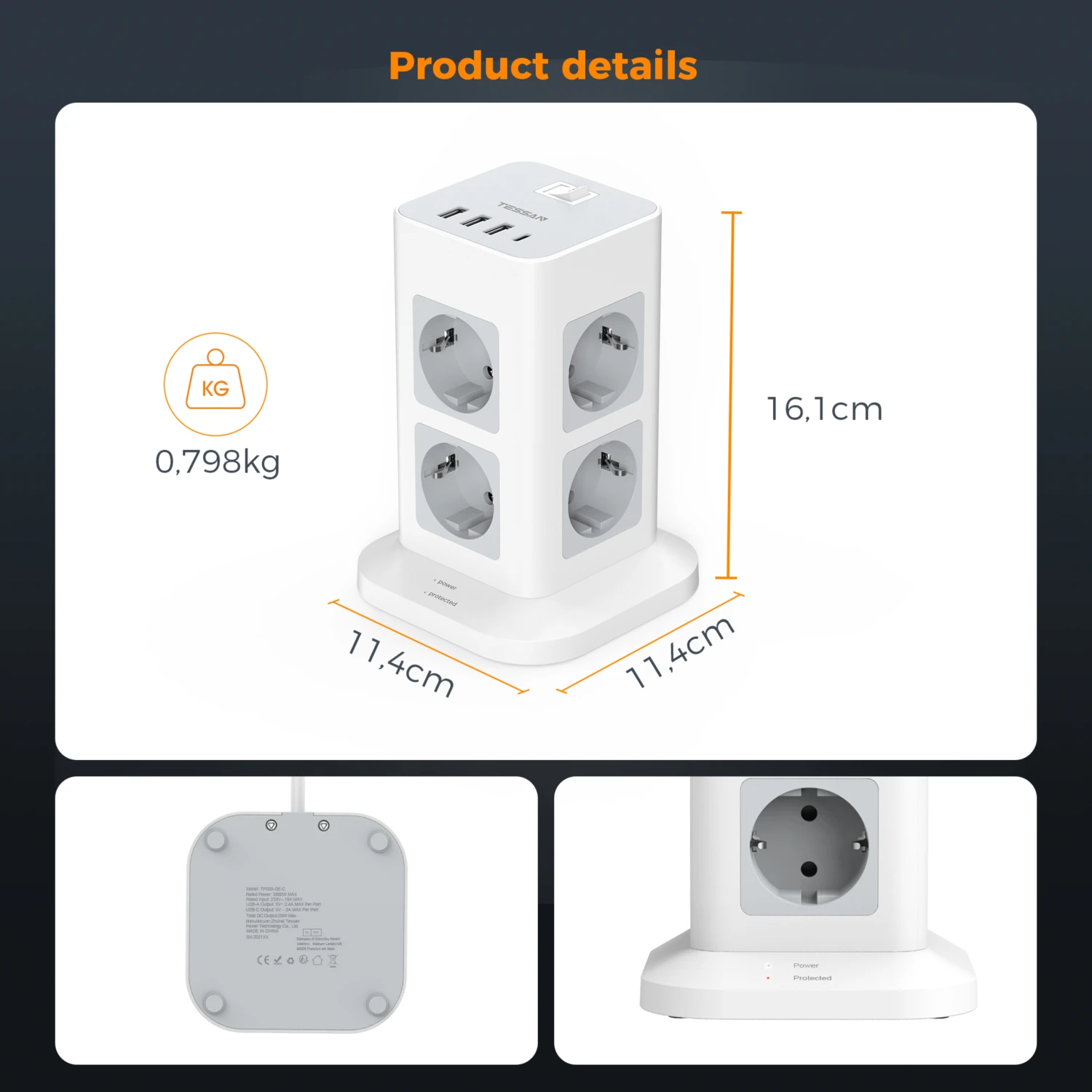 TESSAN Multi Outlets Power Strip with 3 USB Ports +1 Type C, European Plug Tower Socket with 2M Extension Cord Surge Protection