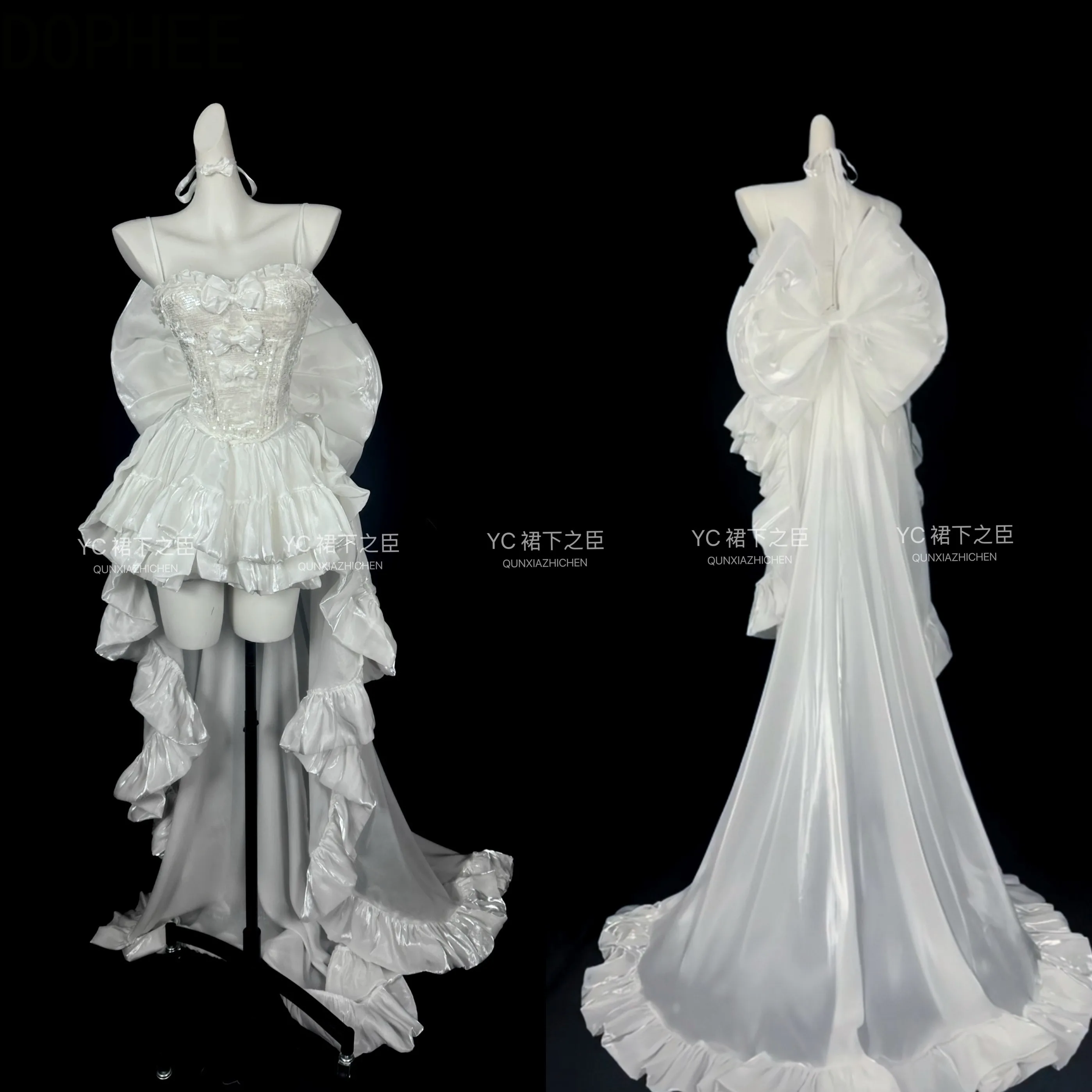 Original New Sweet Girls White Princess Coming of Age Dress Sexy Off Shoulder Sequins Strapless Top Large Bow Trailing Dresses
