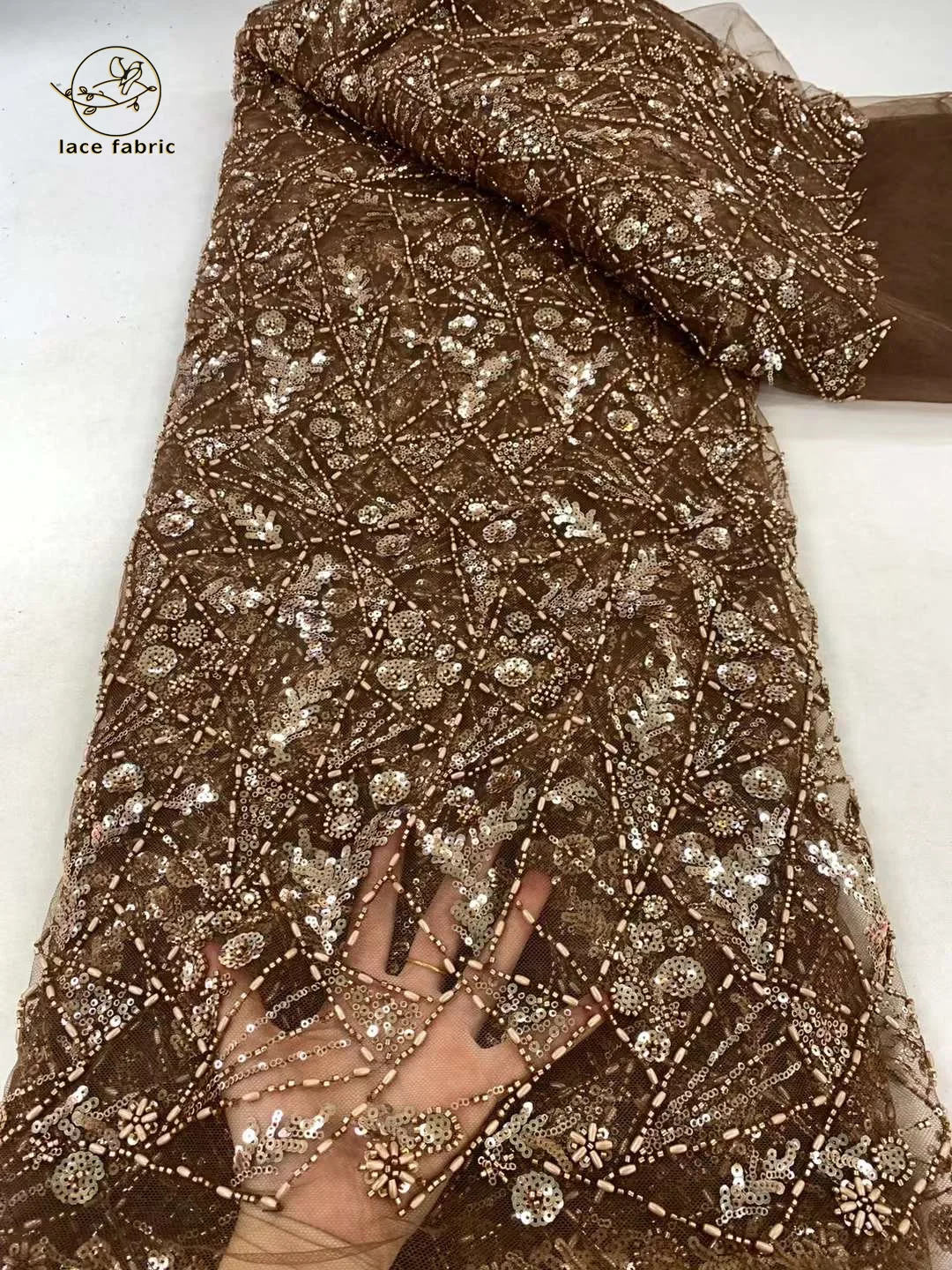 Brown African Beaded Lace Fabrics 2024 High Quality Nigerian Embroidery Tulle Sequins Lace Fabric For Party Dress 5 Yards/Lot