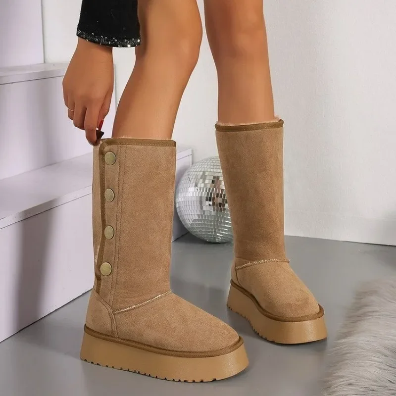 Winter New Women Suede Snow High Boots Flats Platform Short Plush Shoes Woman 2025 Trend Warm Casual Mid Calf woman Botas