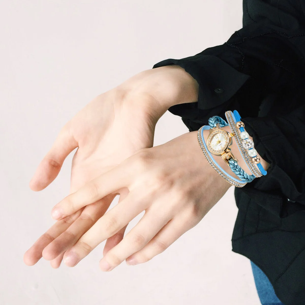 

Fashion Quartz Watch Rhinestone Women Wristwatch Braided Chain Blue Comfortable Wear Gift Women Watch Wrist Chain