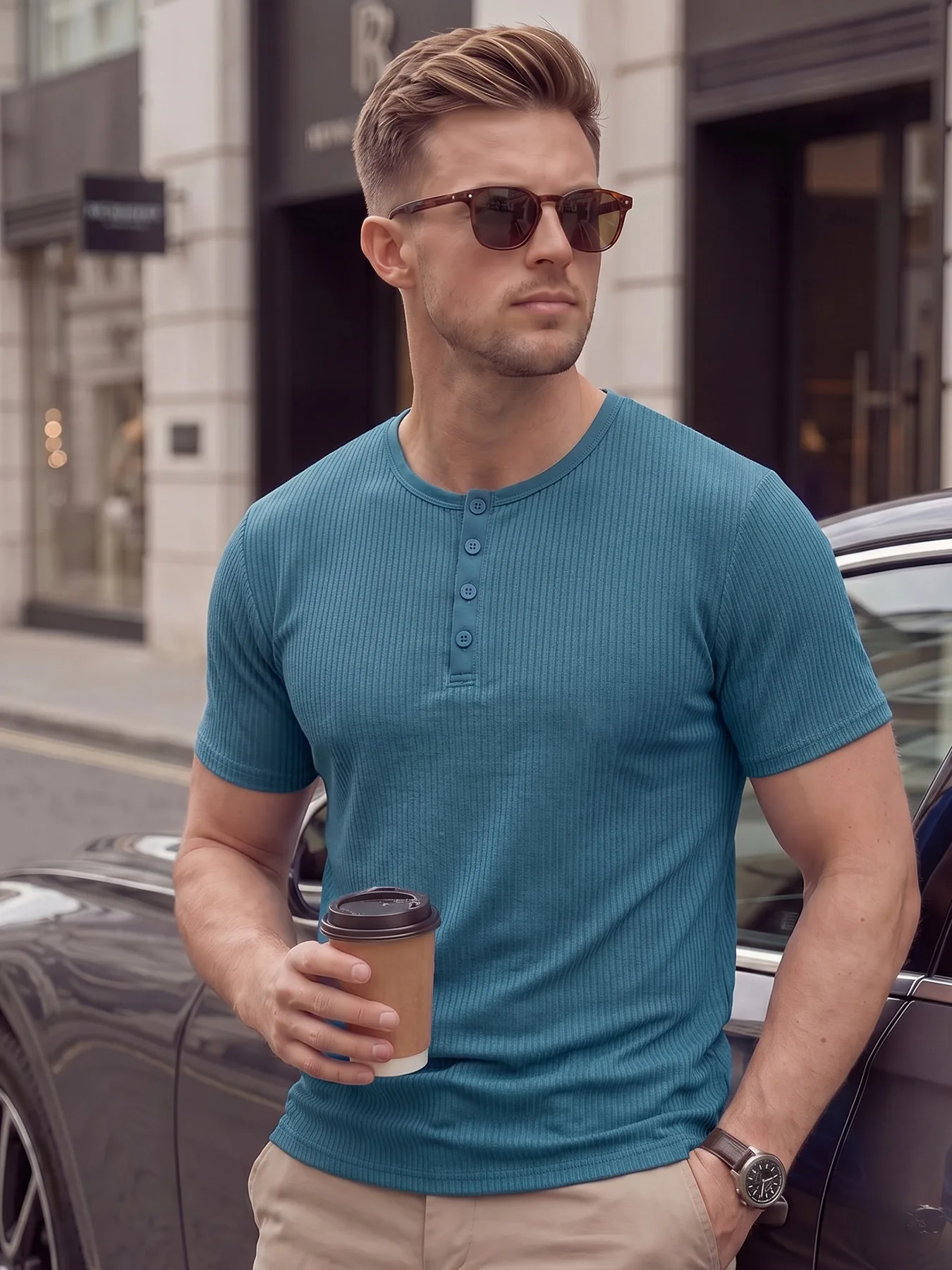Men's Ribbed Henley Style T-Shirt Slim Fit Short Sleeve Button Crewneck Casual Tee For Summer