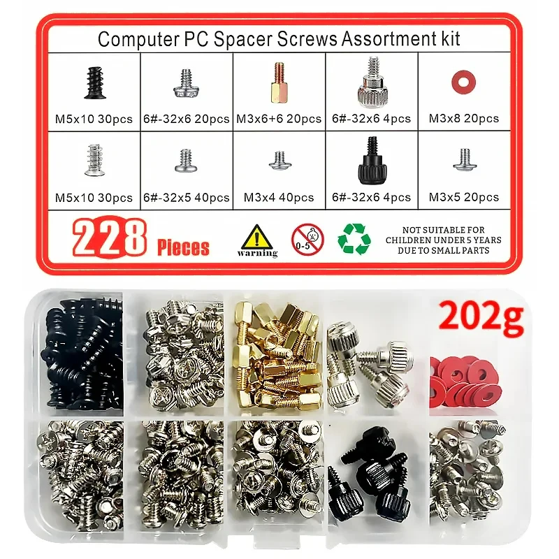 

360/228PCS Computer PC Case Hard Disk Drive Fan Motherboard Power Supply Server HDD PSU PCI Mount Repair DIY Screw Bolt Kit Set