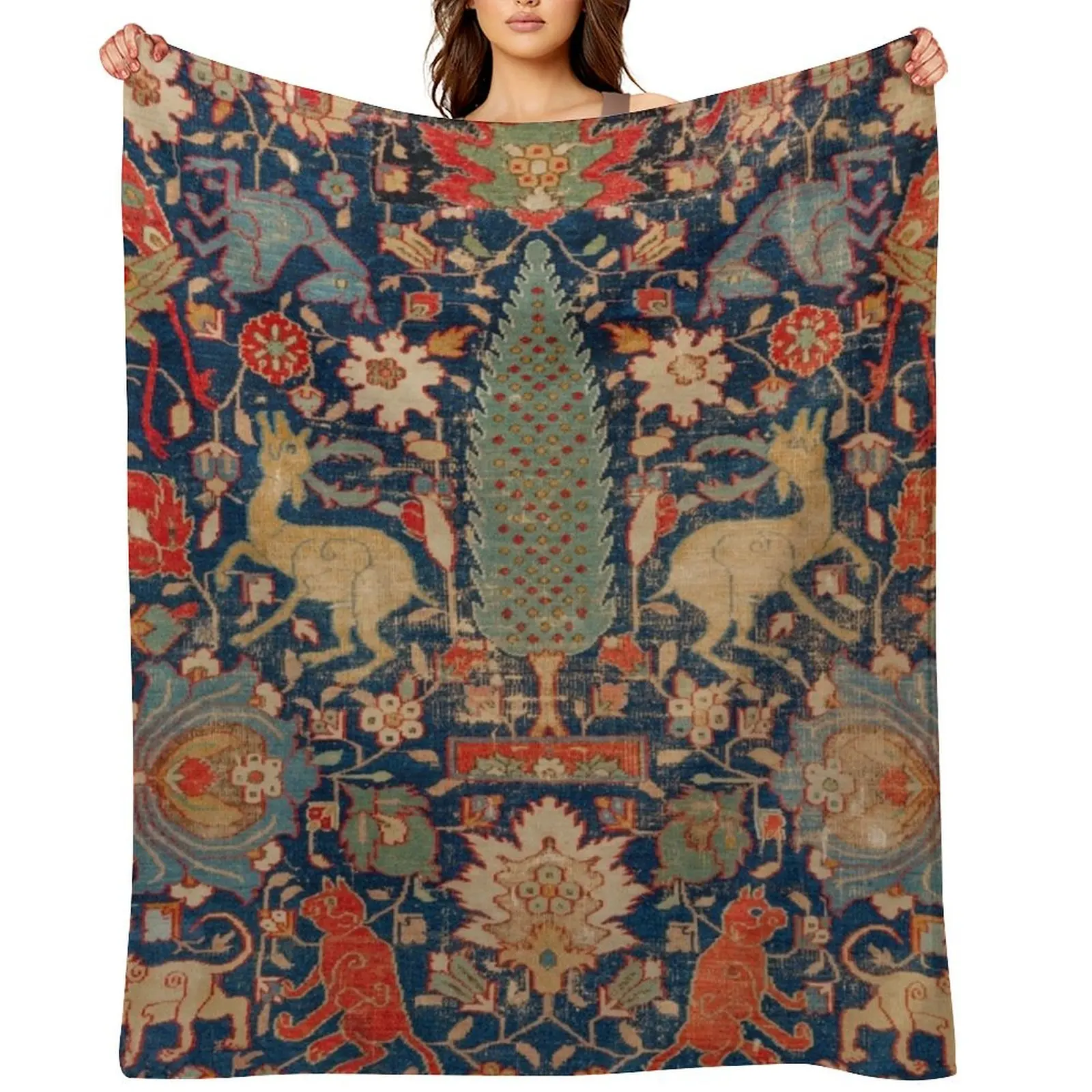 

17th Century Persian Rug Print with Animals Throw Blanket Sofa warm winter Comforter Vintage Blankets