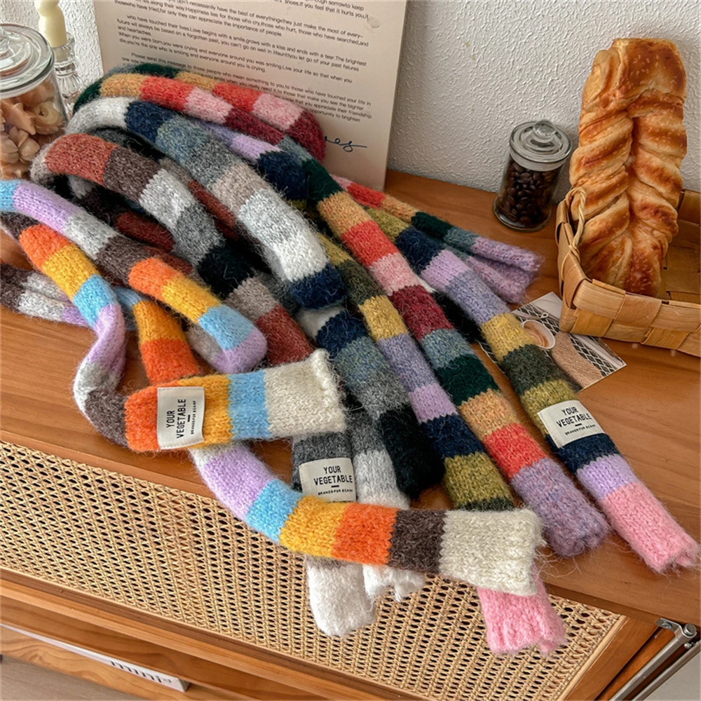 Women Rainbow Stripe Knitted Scarf Patchwork Clashing Colors Long Soft Scarves Female Winter Premium Feeling Weenie Scarf Shawl