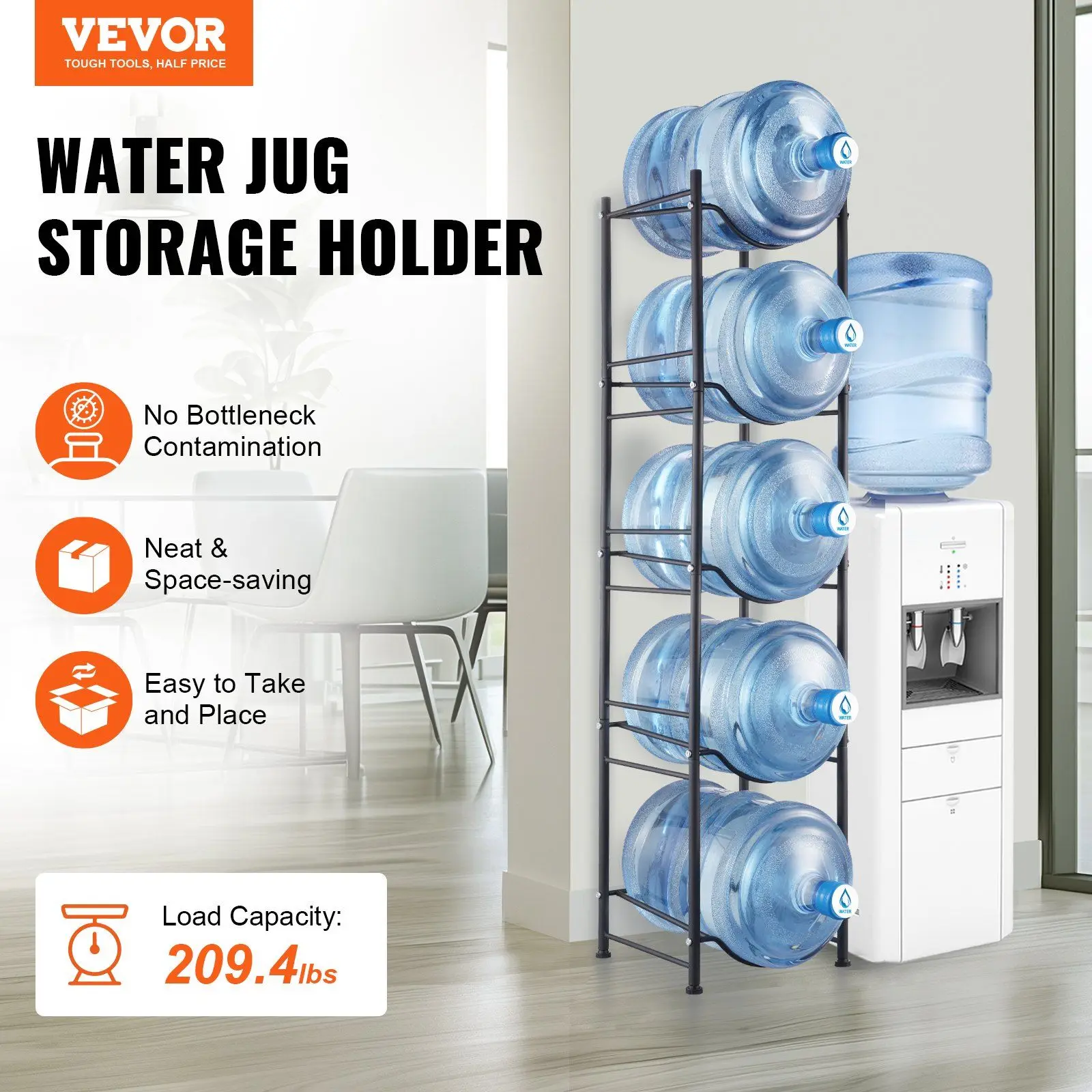 

5 Tiers Water Jug Holder Single Row Water Bottle Rack for 5 Bottles Black