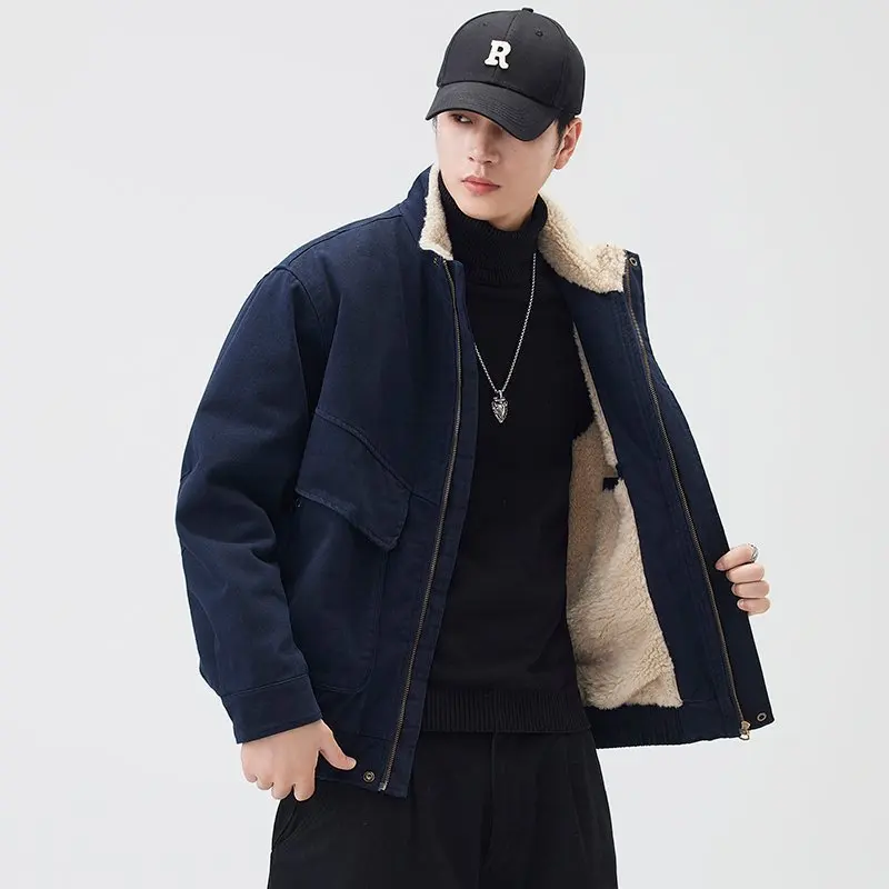 Men Winter American Vintage Lamb Inner Warm Stand Collar Cargo Jacket Loose Casual Bomber Coat Parkas Jacket Outerwear