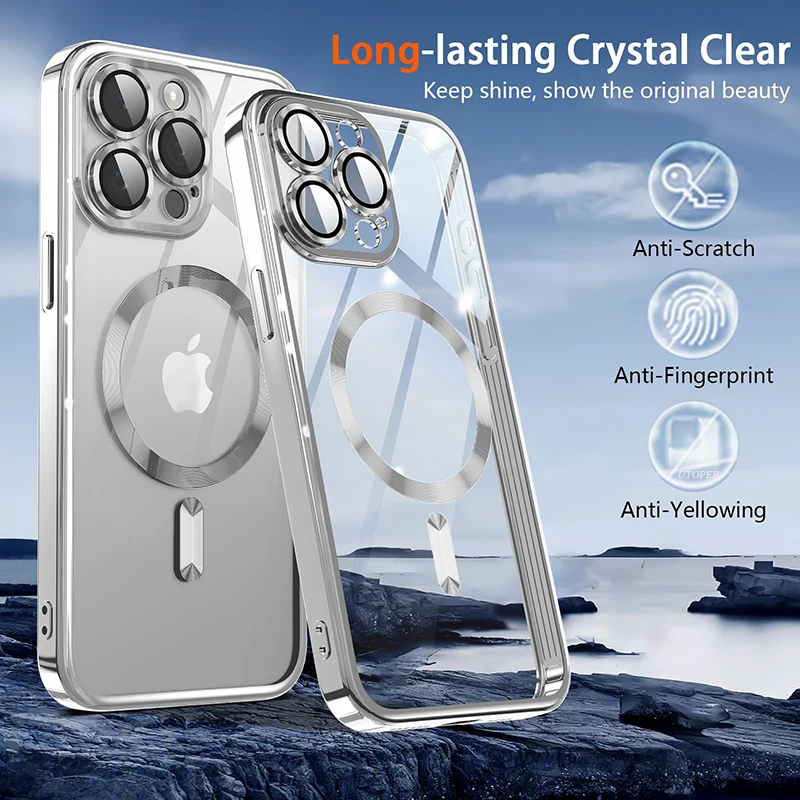 New Magsafe Clear Magnetic Case For iPhone 15 14 13 12 11 Pro Max Plus Plating Silicone Dust-Proof Net Shockproof Protect Cover