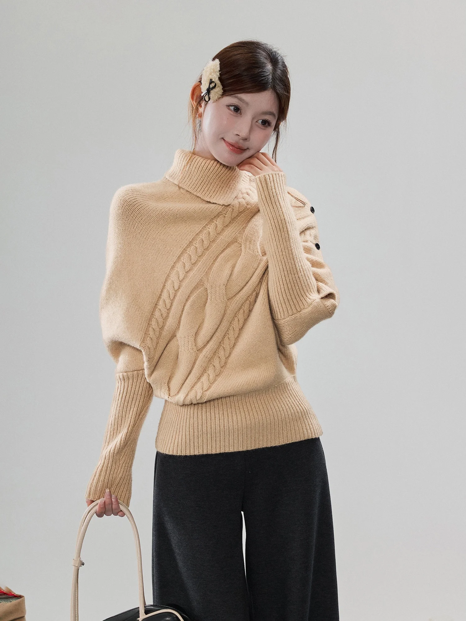 

High Collar Long Sve Women's Knitwear Swee Lazy Sle Korean Design Casual Loose Fit Comfortable Winter Top