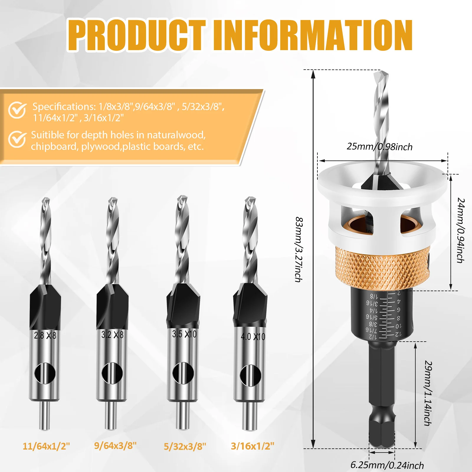 Brocas avellanadoras con tope de profundidad ajustable, broca enrutadora con orificio de apertura para carpintería, tablero de fibra de madera contrachapada