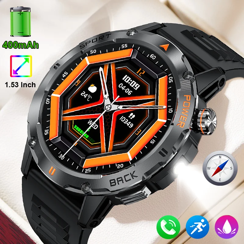 

LIGE 2025 NEW Smartwatch With LED Flashlight Men Rugged Military Compass Bluetooth IP68 Waterproof Digital Smart Watches 400mAh