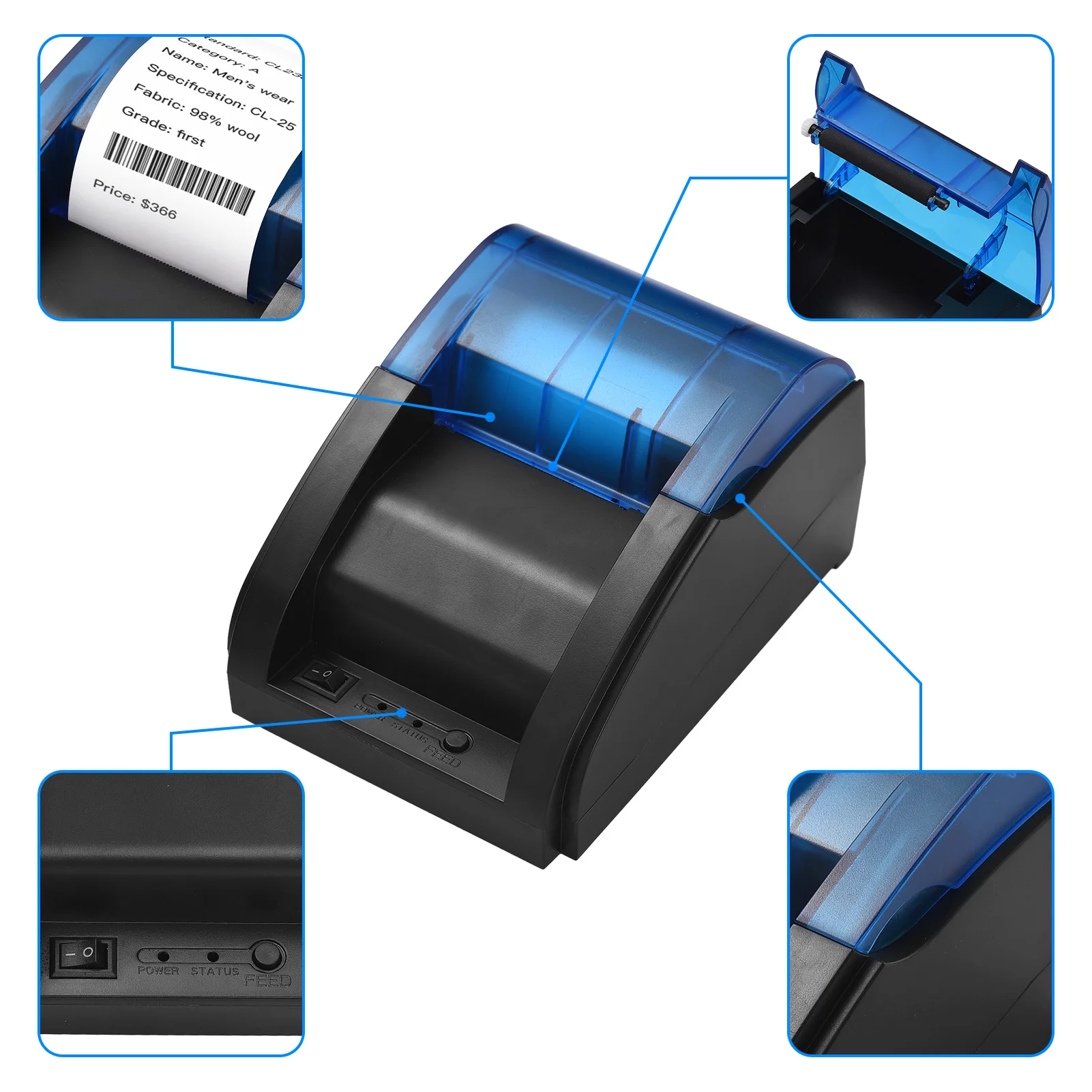 58mm Desktop Receipt Printer POS Printer Direct Thermal Printing Compatible with Android/iOS/Windows Support ESC/POS