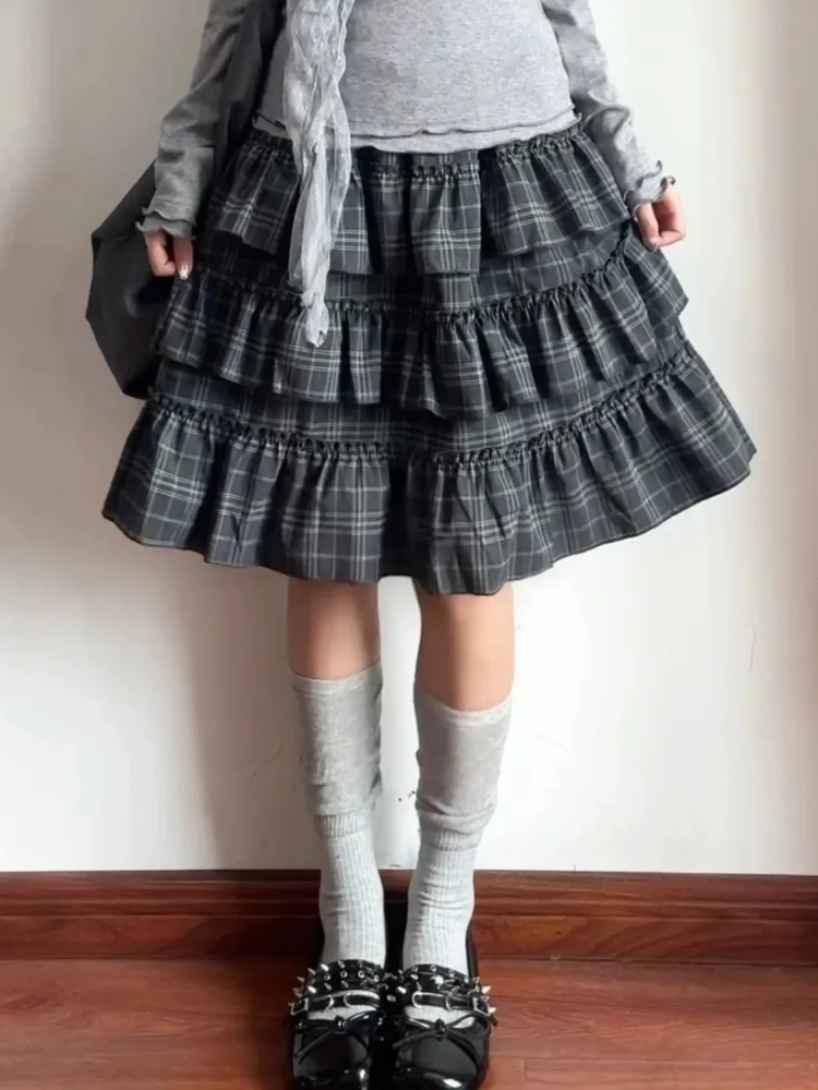 New Vintage Grey Plaid Cake Skirt Women American Retro Sweet Subculture Fluffy Skirts New Design Chic High Street Outfits 2026
