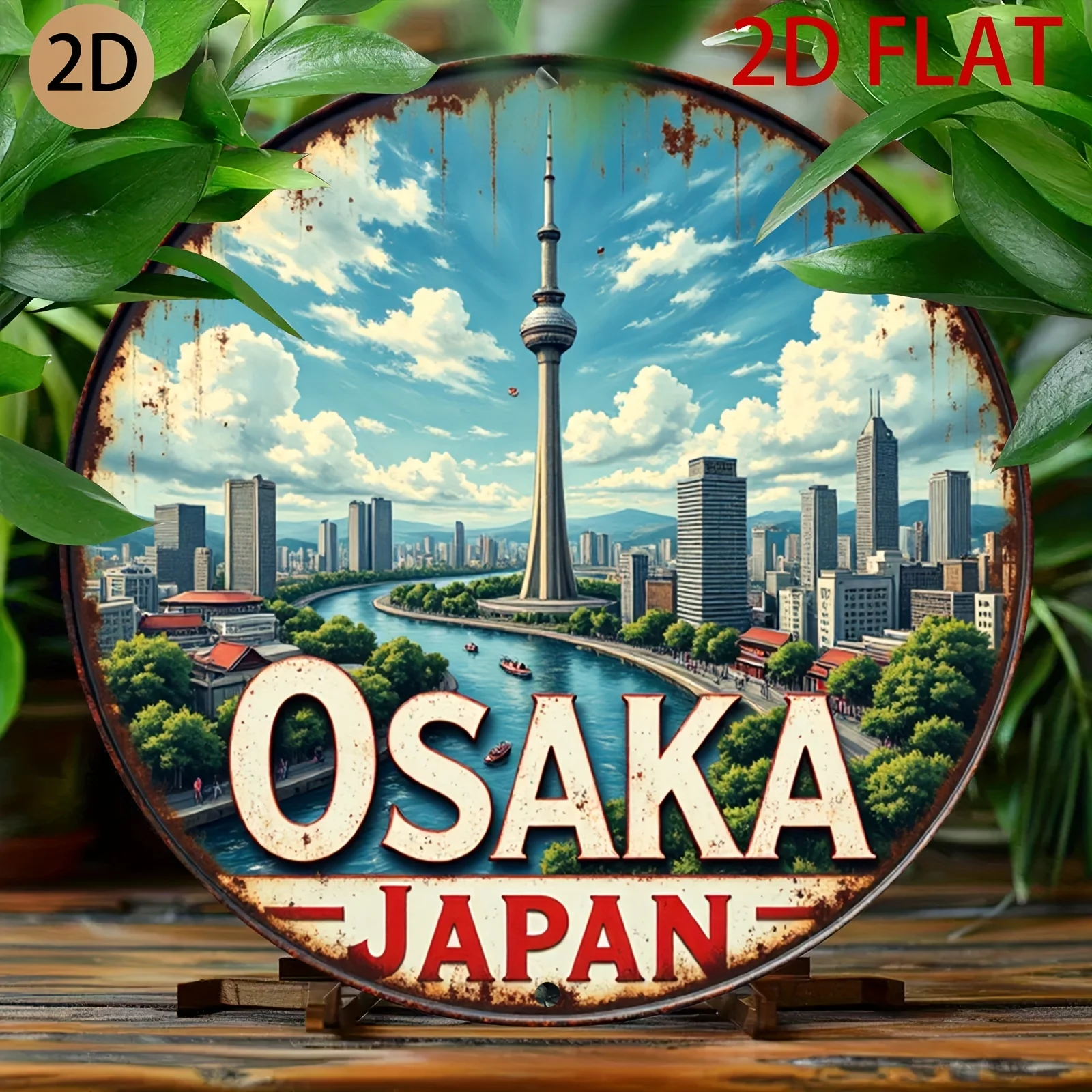 Osaka Japan Cityscape Retro Tin Metal Wall Art - Circular Vintage Metal Sign with Vibrant Colors, Frameless Indoor Decor for Hom