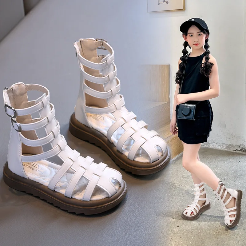 Summer Girls Open-Toe High-Top Roman Sandals Children Hollow Soft-Soled Casual Shoes Kid Zipper Beach Shoe Casual Fashion Sandal