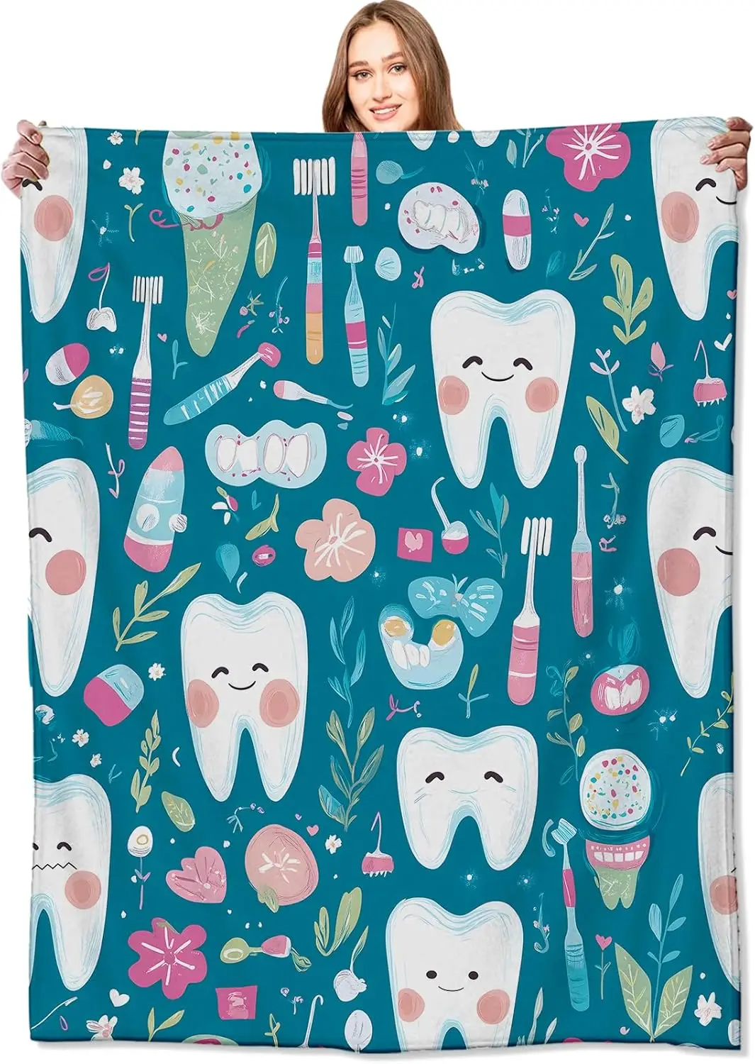 

Cute Teeth Dental Print Throw Blanket for Kids Baby Nursery Decor Cartoon Smile Pattern Cozy Gift Playroom Comforter
