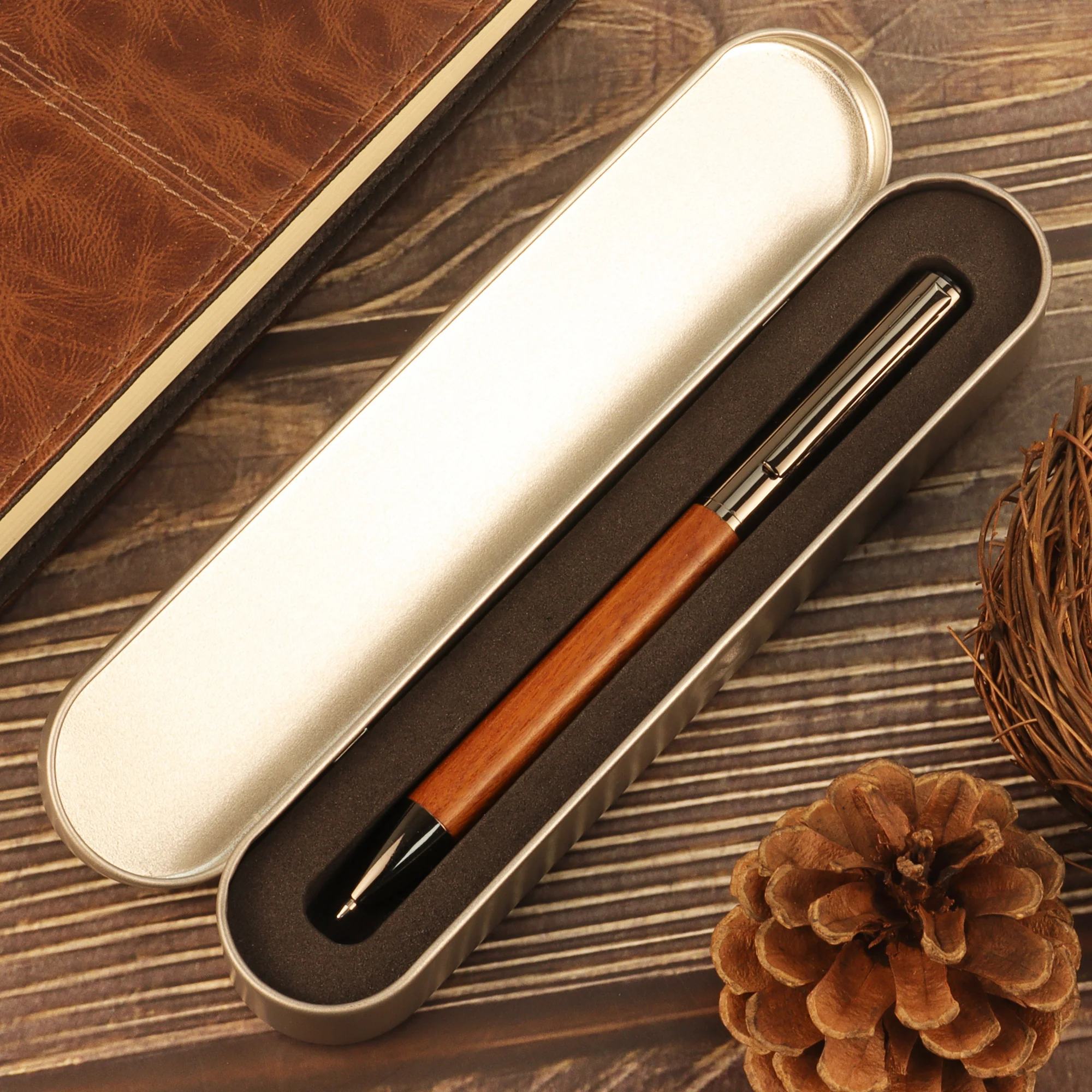 1-Piece Premium Wooden Ballpoint/Signature Pen - Deluxe Tin Box - Brown/Ebony Finish - Artistic Wood Grain Design