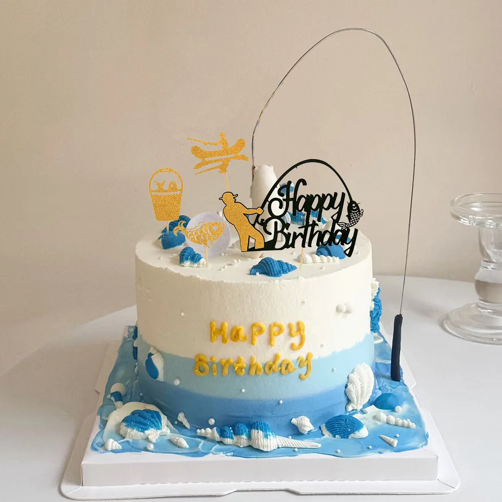 الصيد عيد ميلاد سعيد كعكة توبر الرياضة لهم حفلة استحمام الطفل الذهب الأسود الصياد الأسماك قطاعات الكيك ديكور لوازم الخبز