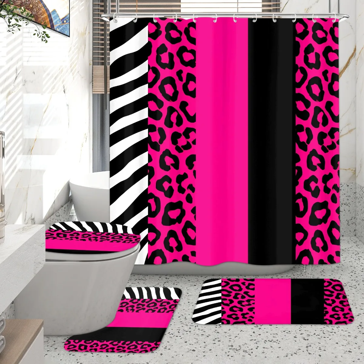 4pcs Leopard Bathroom Set - Pink, Black, And White Shower Curtain (Includes 12 Hooks) And Bathroom And U-Shaped And Toilet Seat Cover - Create a Spa-Like Comfortable Space - Easy to Clean (No Maintenance Required)